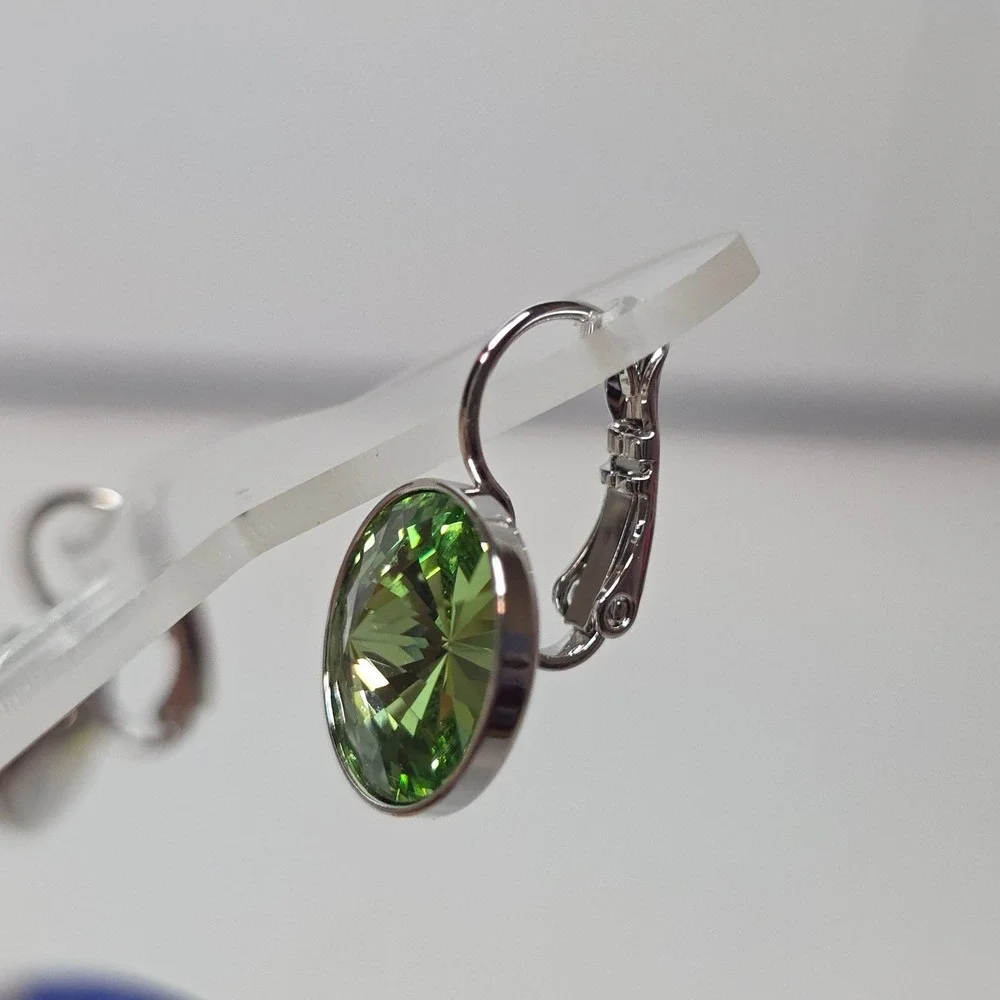 New! Swarovski Elements PeridotGreen Leverback Platinum Plated Earrings 13mm #7
